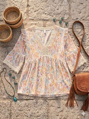 Democracy Boho Floral Embroidered Lace Babydoll Top L Flowy